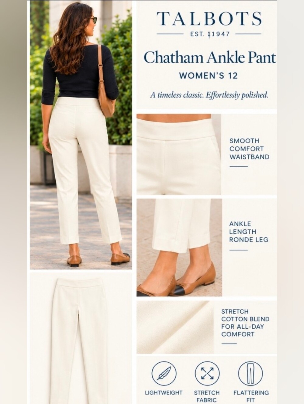 Talbots Chatham Cotton Bi-Stretch Slim Ankle Pants-Curvy Fit Cream Size 12